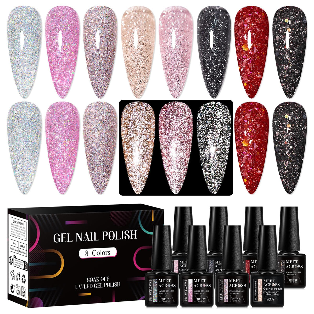MEET ACROSS reflective glitter gel polish in pink and red for dazzling daylight shine.