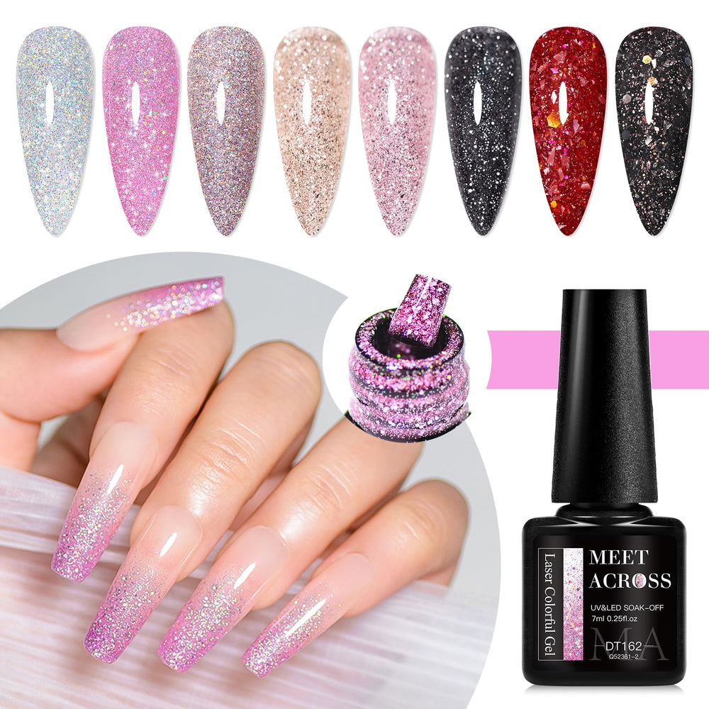 MEET ACROSS closeup of sequin-pink glitter with smooth, even coverage.