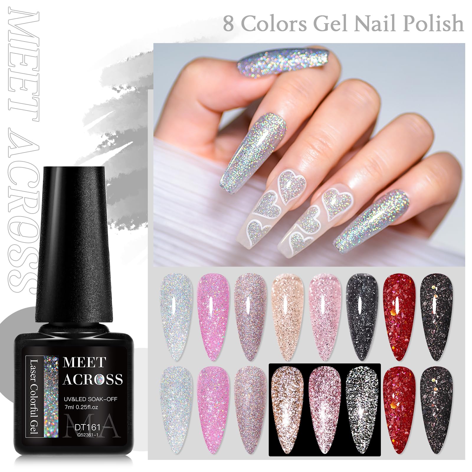 MEET ACROSS smooth-texture glitter gel for sleek, lump-free application.