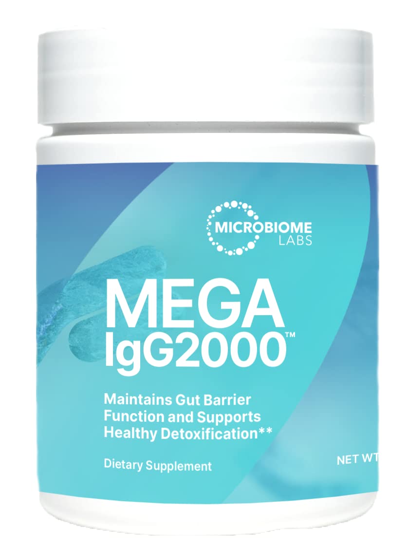 Front view of Mega IgG2000 gut health powder container (2.1 oz)