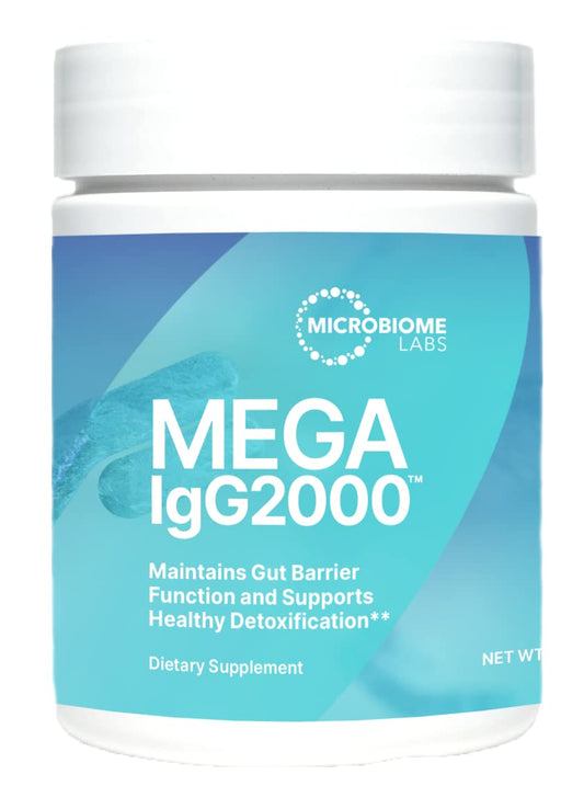 Front view of Mega IgG2000 gut health powder container (2.1 oz)