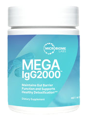 Front view of Mega IgG2000 gut health powder container (2.1 oz)
