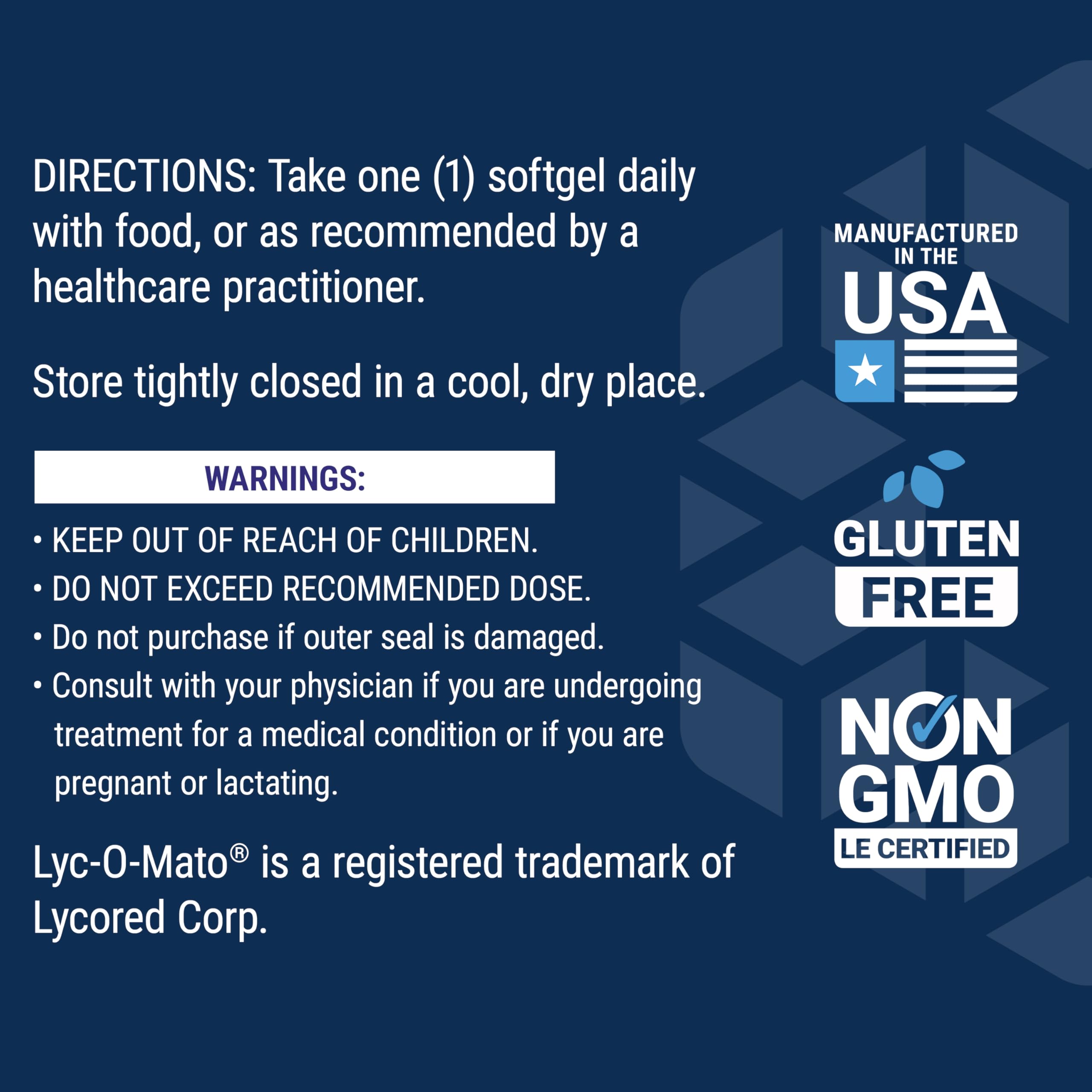 Supplement facts panel for Mega Lycopene