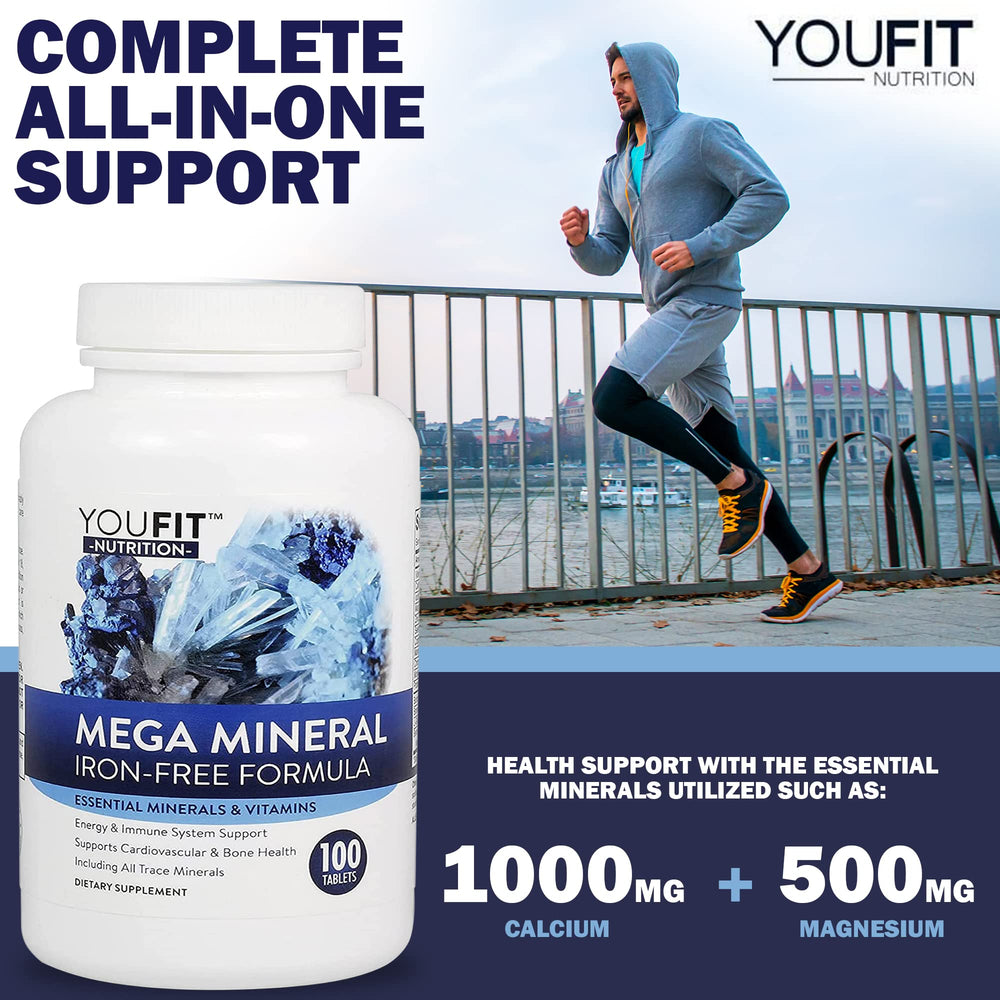 Supplement facts panel for Mega Minerals showing iron-free formula