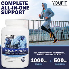 Supplement facts panel for Mega Minerals showing iron-free formula