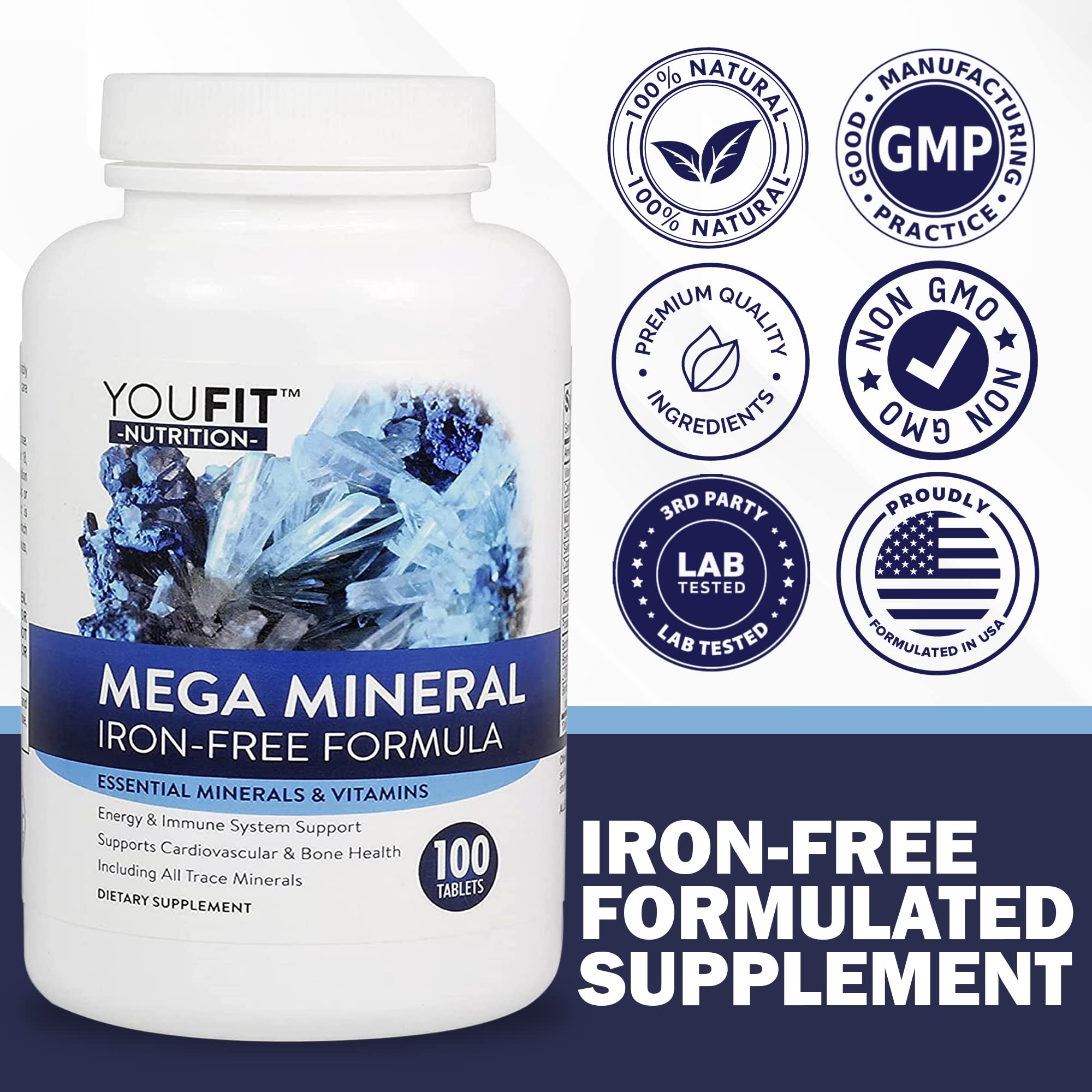 Capsules bottle indicating iron-free and trace minerals