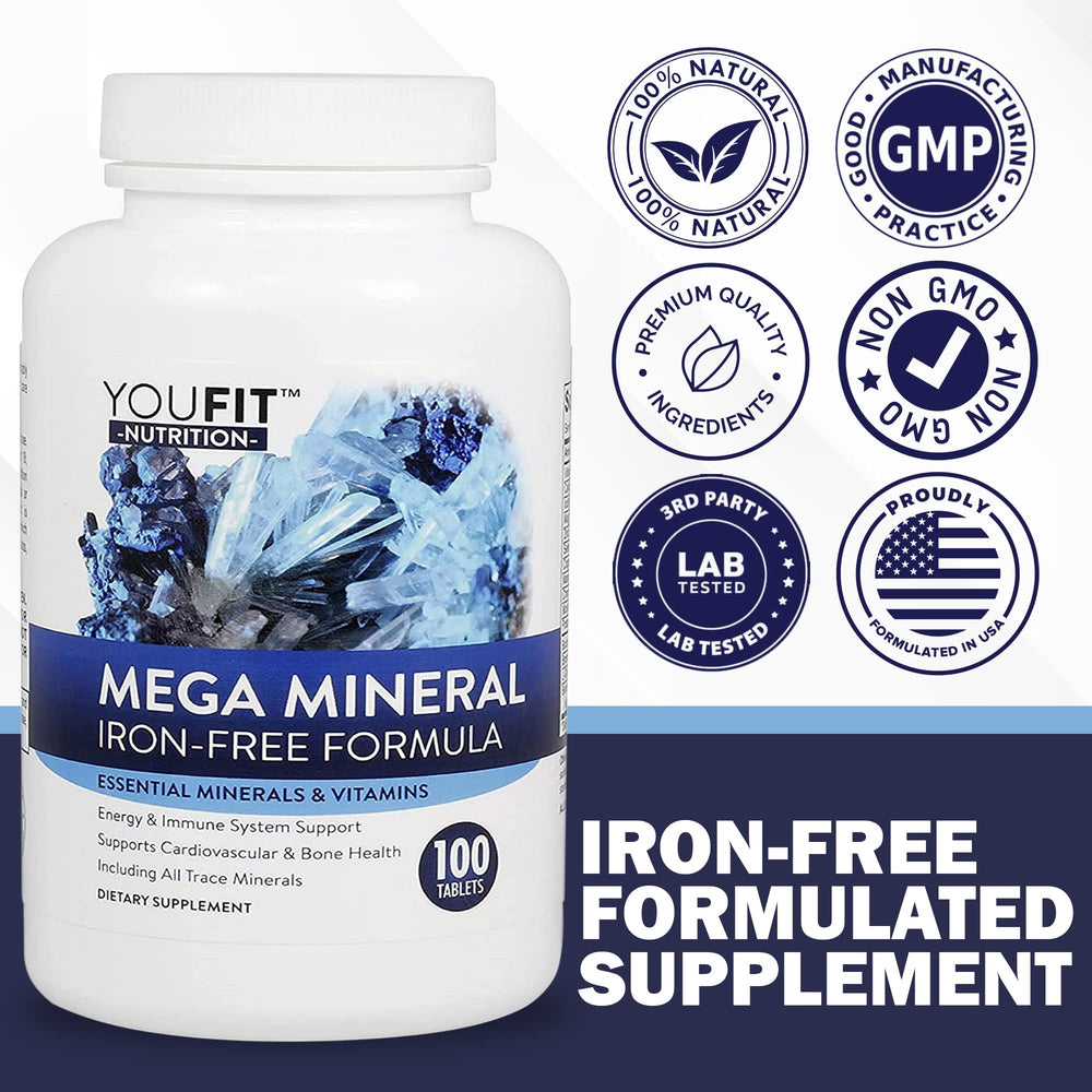 Capsules bottle indicating iron-free and trace minerals