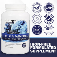Capsules bottle indicating iron-free and trace minerals