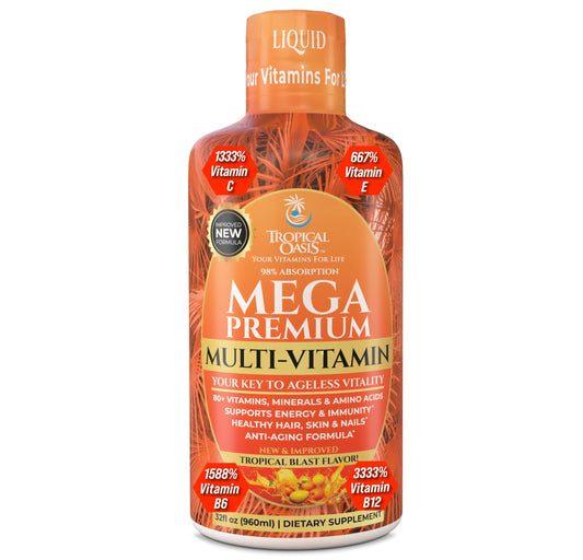 Orange flavor Mega Premium liquid multivitamin bottle with 32 servings
