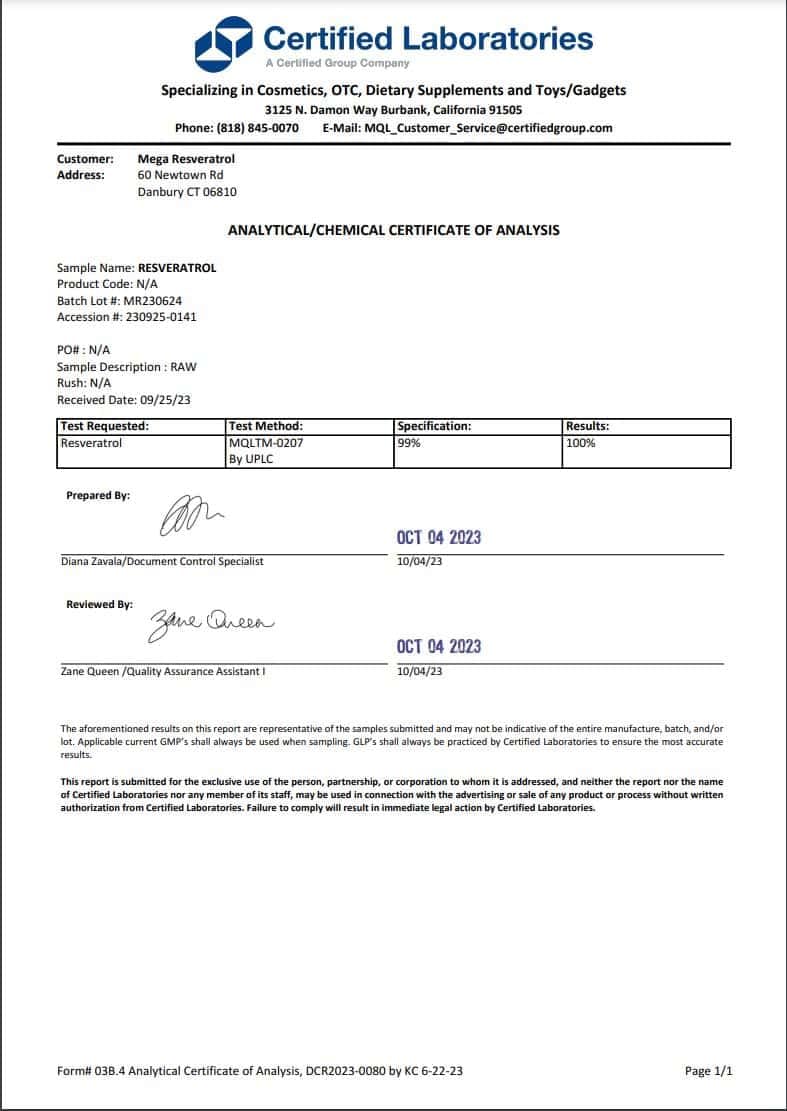 USA lab-certified Mega Resveratrol production facility