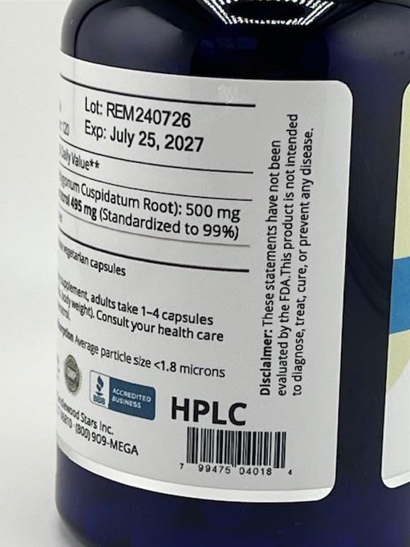 Supplement facts panel for Mega Resveratrol 500 mg capsule