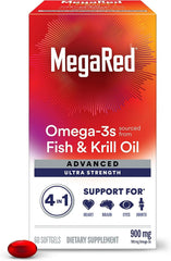 MegaRed Advanced 4-in-1 900mg Omega-3 Fish & Krill Oil Softgels – 120 Softgels (2 Bottles)
