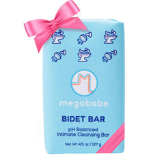 Megababe Bidet Bar front cleanser image shows gentle cleansing for intimate skin.