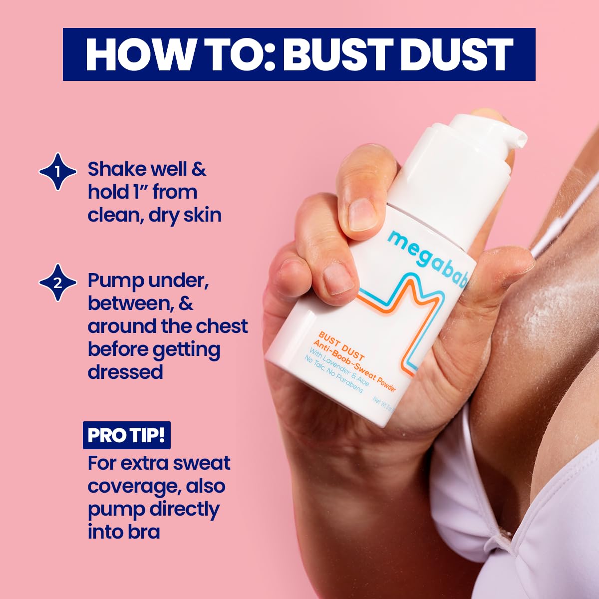 Megababe Bust Dust applied to bra line for comfortable, dry wear.