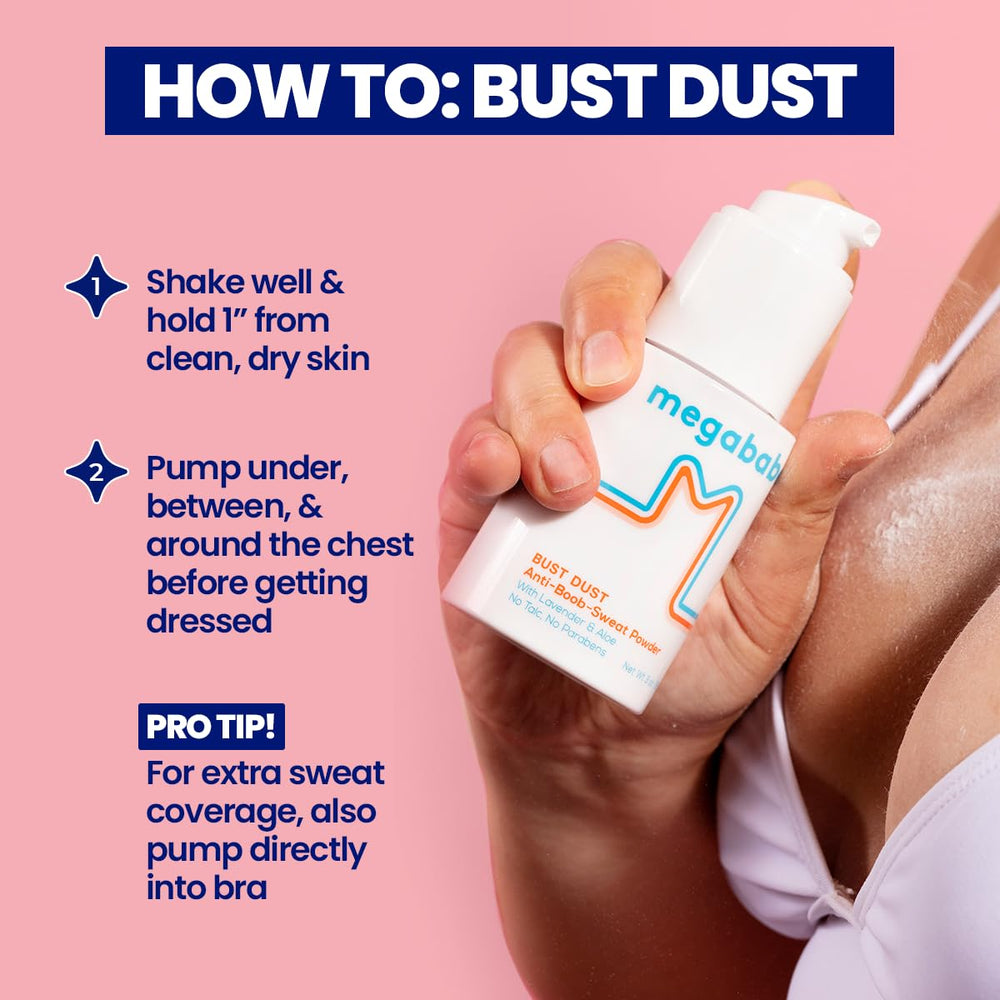 Megababe Bust Dust applied to bra line for comfortable, dry wear.