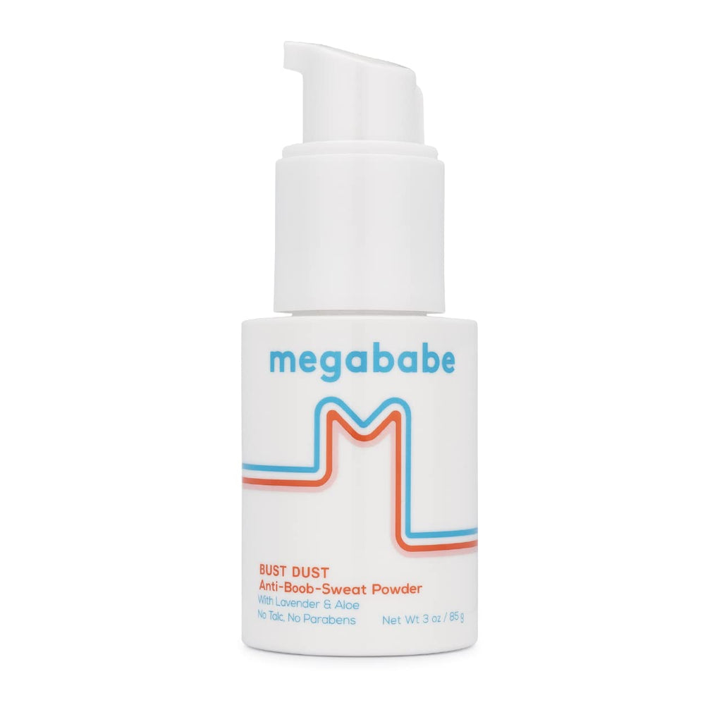 Megababe Bust Dust bottle with pump offers precise, mess-free powder application.