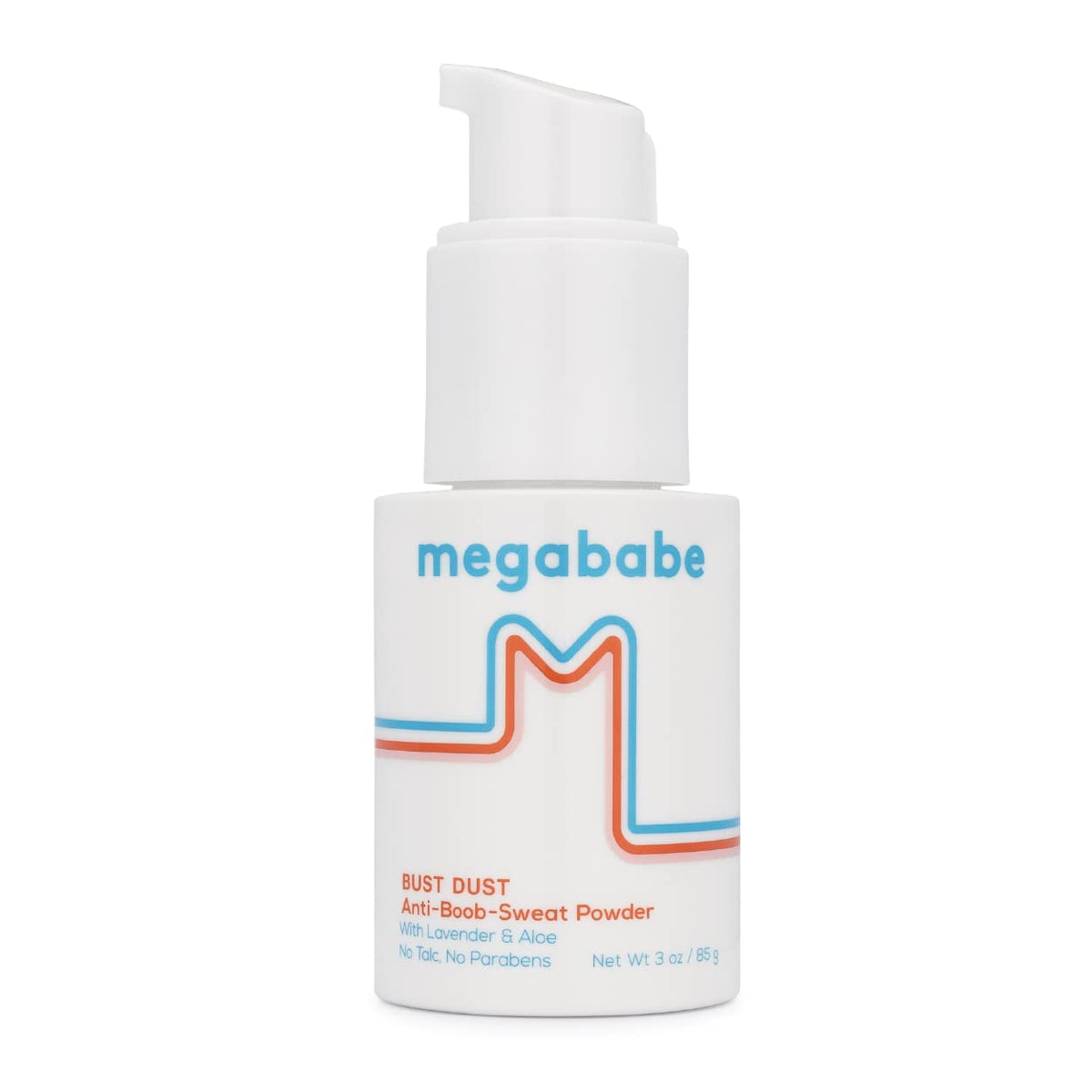 Megababe Bust Dust bottle with pump offers precise, mess-free powder application.