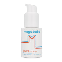 Megababe Bust Dust bottle with pump offers precise, mess-free powder application.