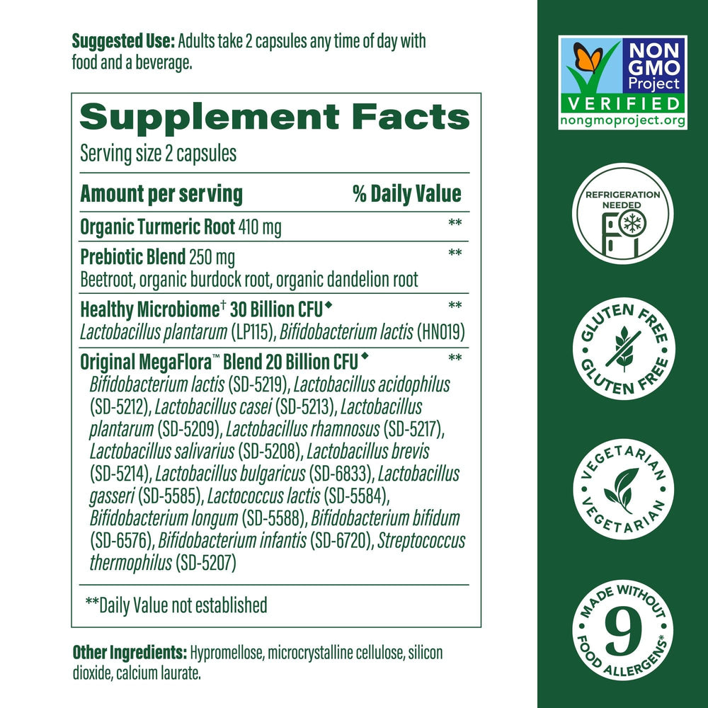 MegaFood MegaFlora 50B CFU bottle showcasing gut-supporting bacteria for daily balance