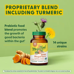 MegaFood MegaFlora prebiotic blend bottle focusing on feeding friendly gut microbes