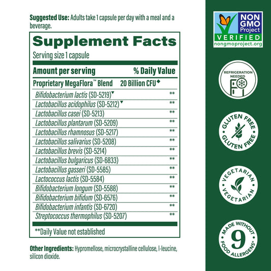 Megaflora Probiotic label highlighting 20B CFU and 14 strains