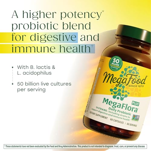 MegaFood Megaflora Probiotic Plus 60 capsules container highlights long-lasting supply.
