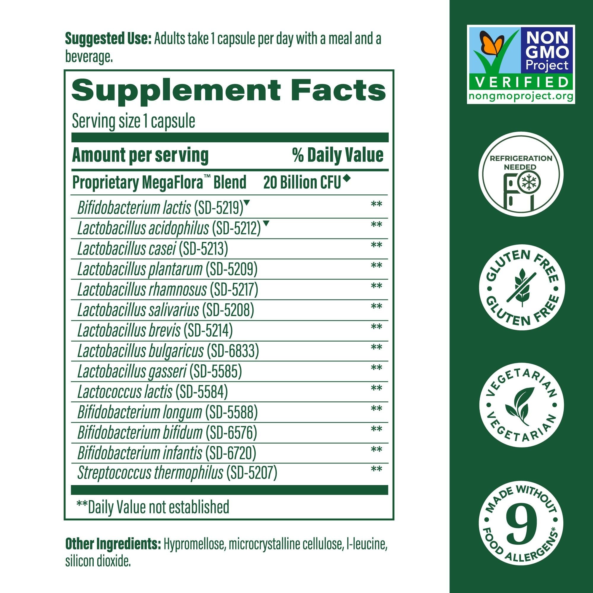 MegaFood MegaFlora bottle back label detailing strains and allergen-free claims