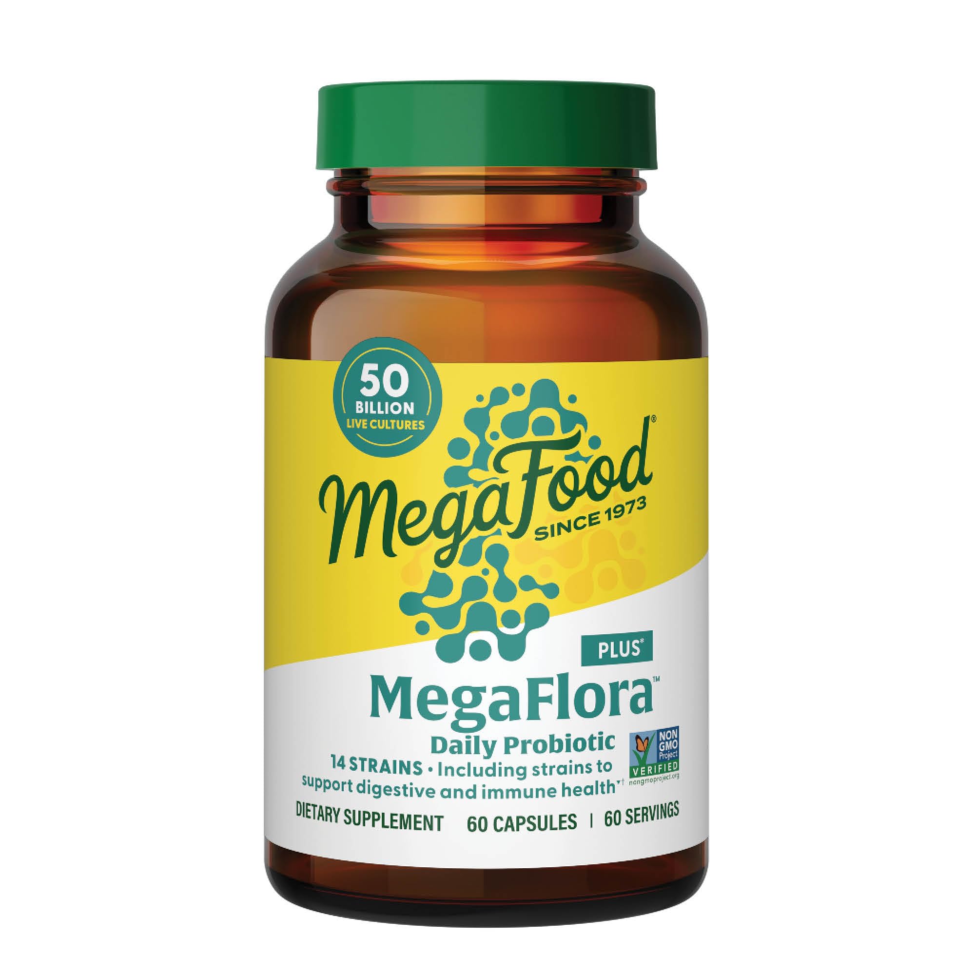 MegaFood Megaflora Probiotic Plus bottle front promotes daily digestive balance.