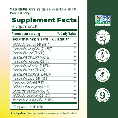 MegaFood Megaflora probiotic capsule cap shows easy-to-take capsules for busy days.