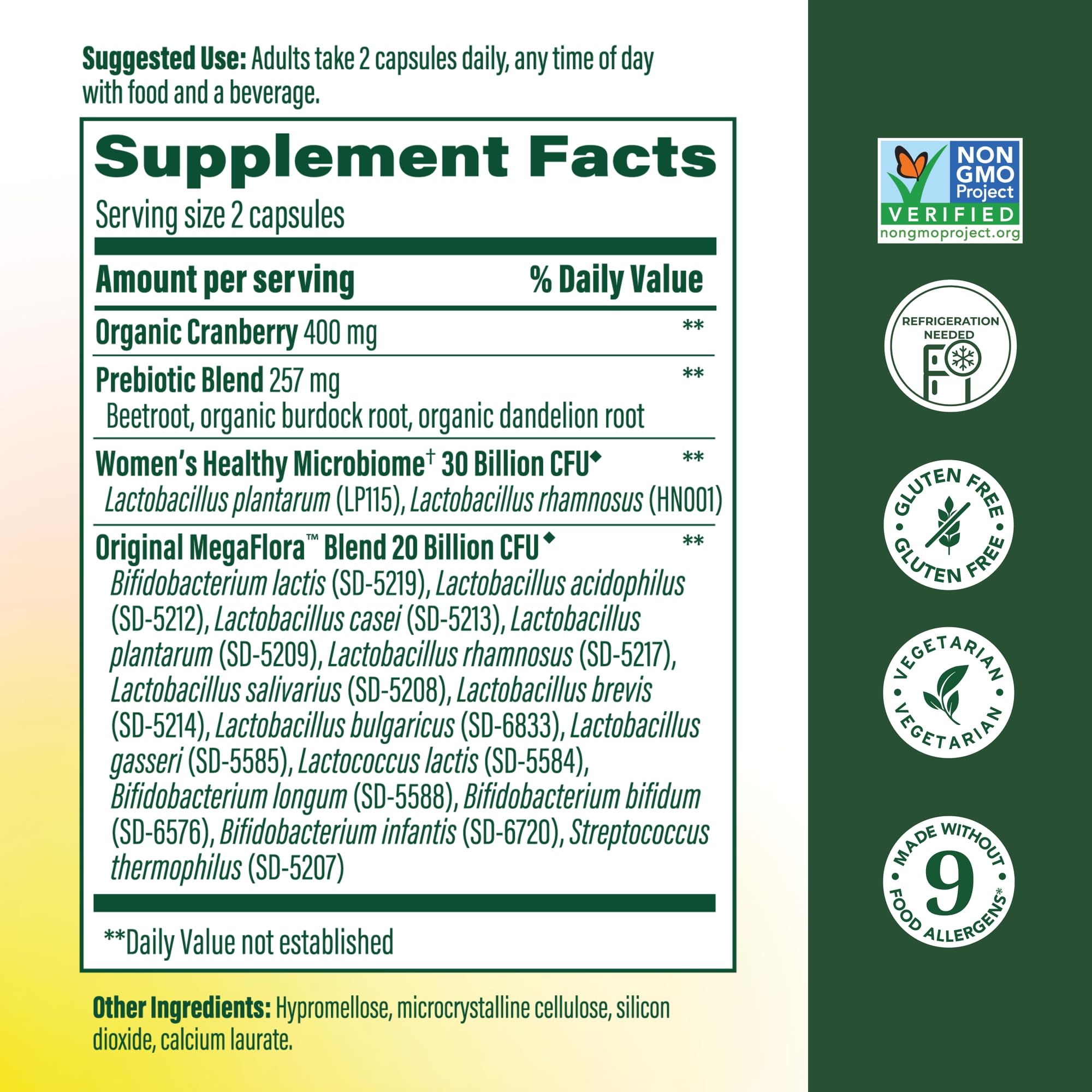 MegaFood MegaFlora Probiotics for Women capsules showcasing vegetarian formula for daily comfort.