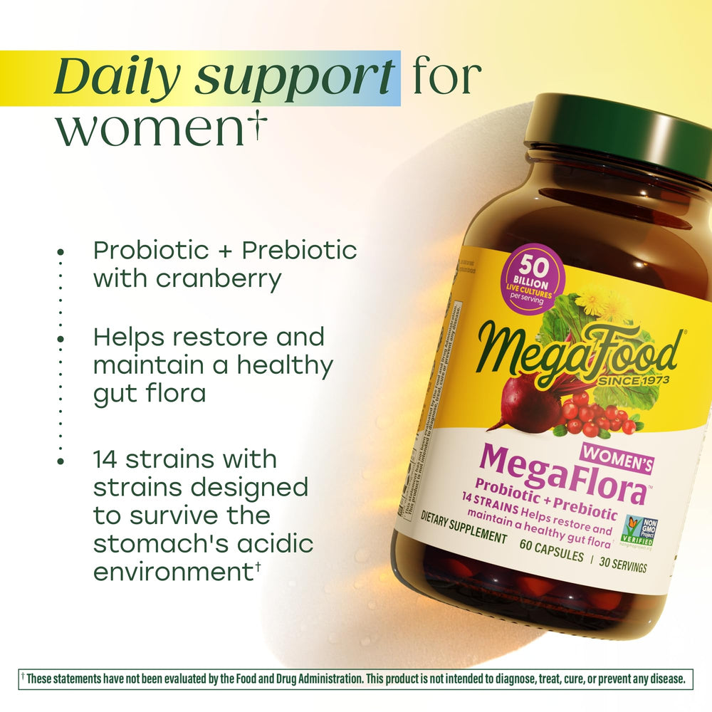 MegaFood MegaFlora Probiotics for Women label closeup with strain and cranberry details.
