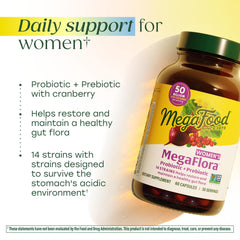 MegaFood MegaFlora Probiotics for Women label closeup with strain and cranberry details.