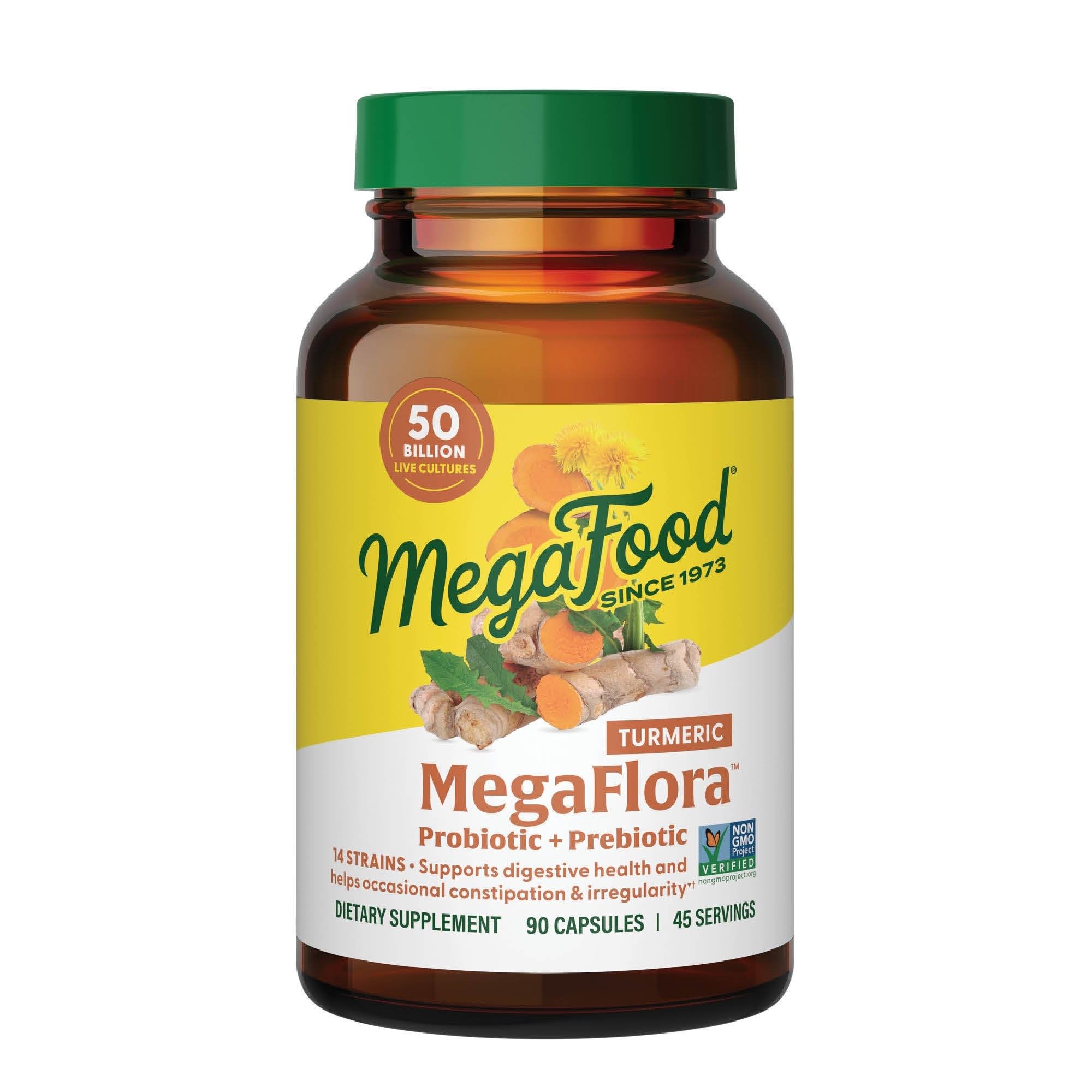 MegaFood MegaFlora turmeric bottle highlighting digestive comfort with turmeric root and probiotic blend