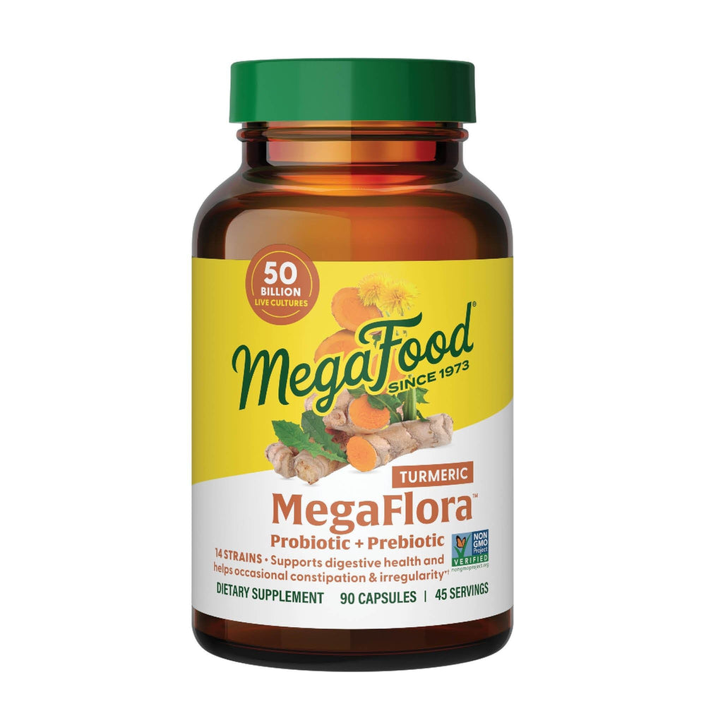 MegaFood MegaFlora turmeric bottle highlighting digestive comfort with turmeric root and probiotic blend