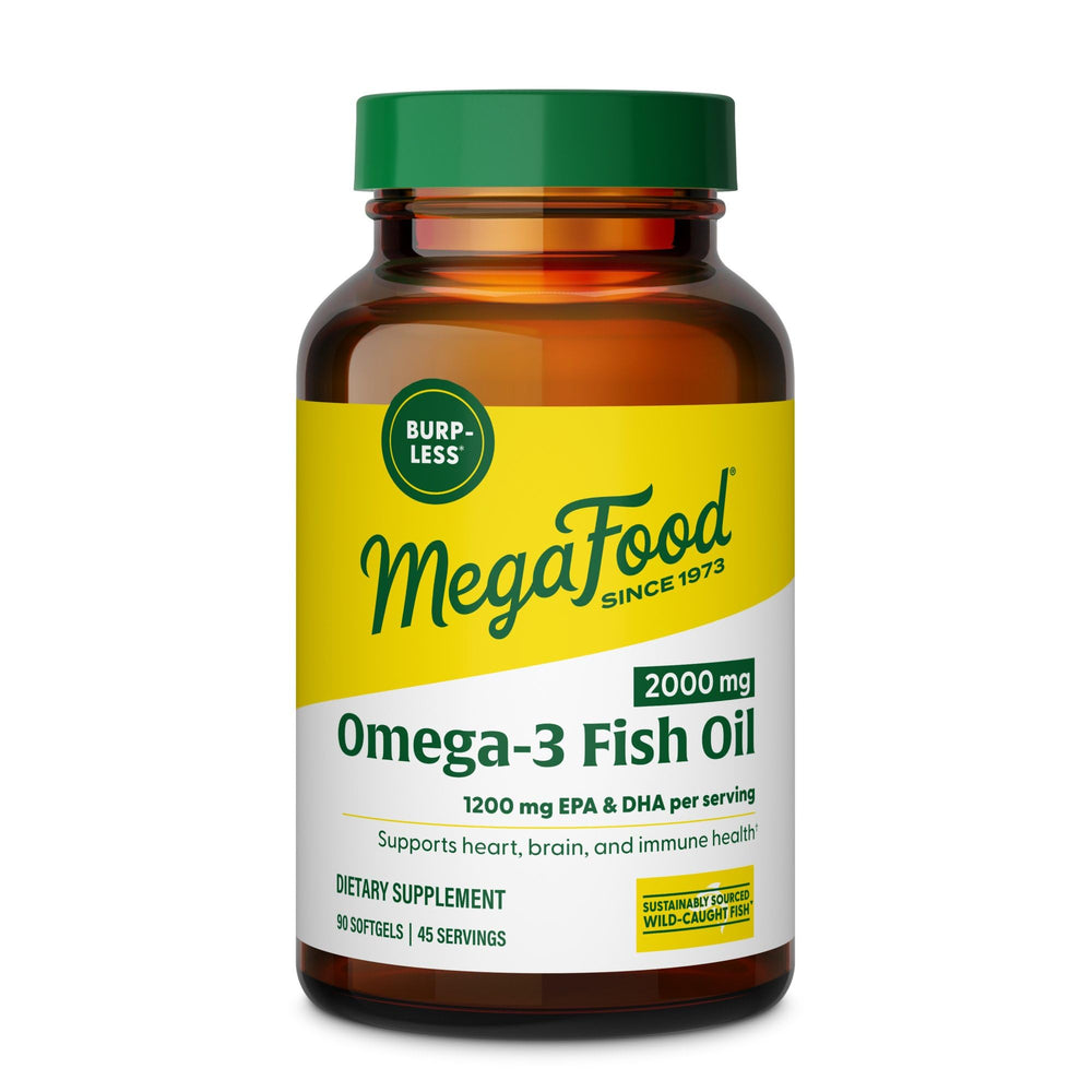 MegaFood 2000mg Fish Oil Omega-3 lemon-infused burp-less softgels for heart brain eye joint immune support