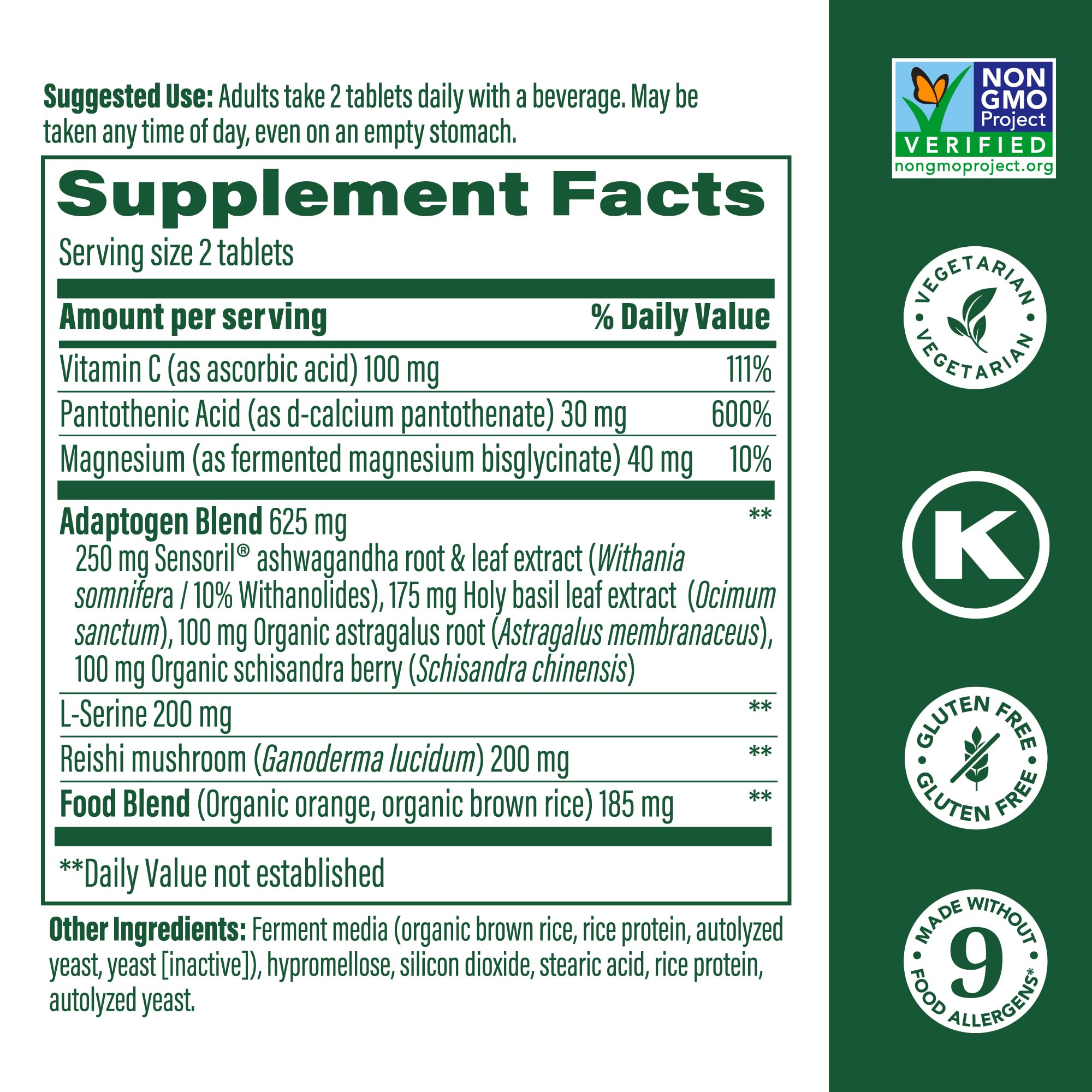 Close-up of MegaFood Adrenal Strength tablets highlighting the magnesium and ashwagandha blend.
