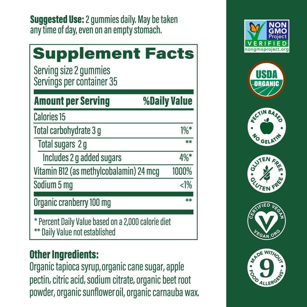 Close-up of cranberry-flavored B12 energy gummy