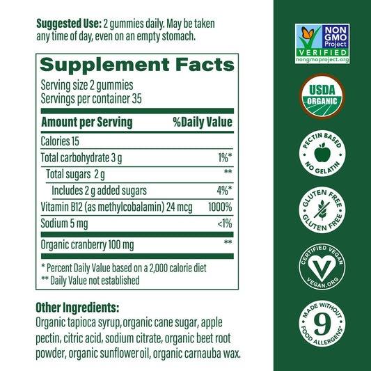 Close-up of cranberry-flavored B12 energy gummy