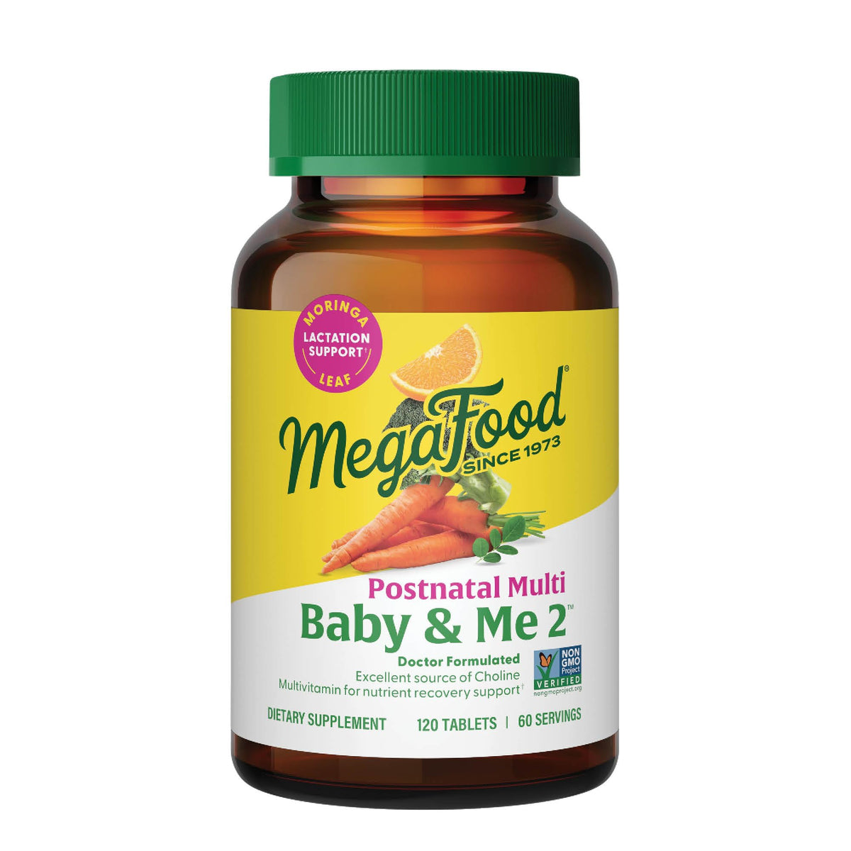 Front view of MegaFood Baby & Me 2 Postnatal Vitamins bottle