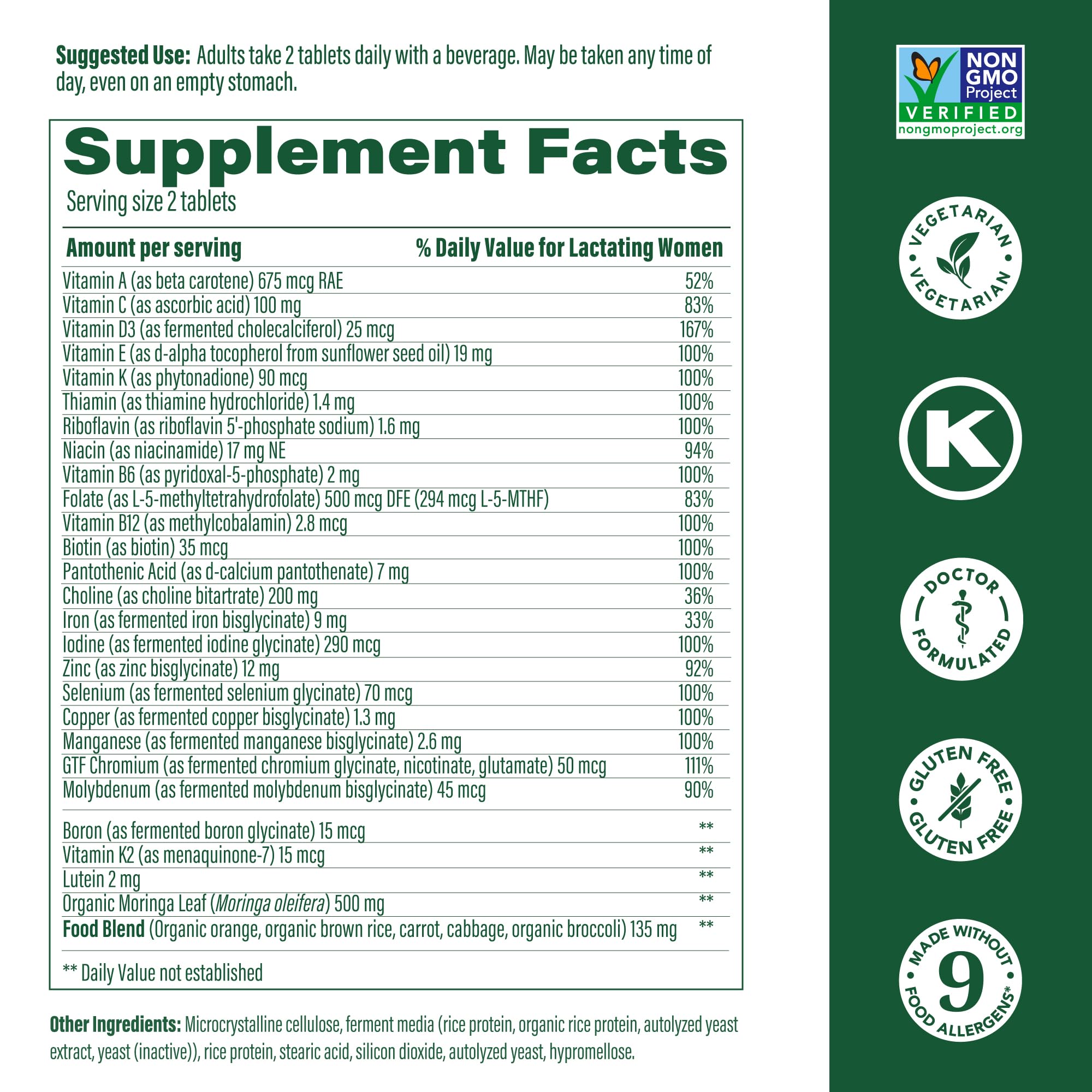 Box and bottle display of MegaFood Baby & Me 2 Postnatal Vitamins