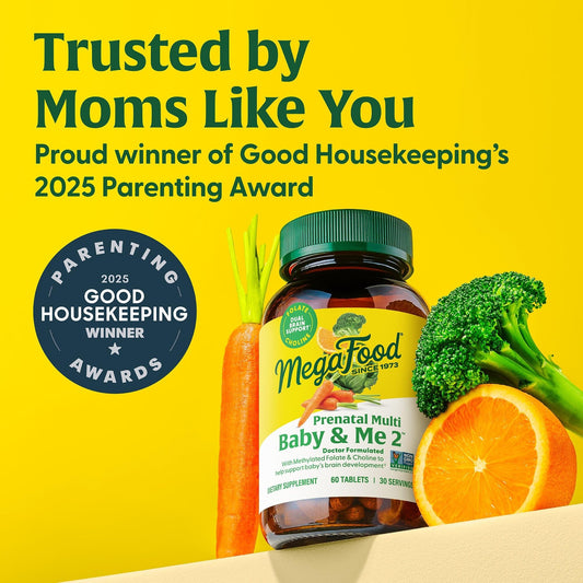Close-up of Baby & Me 2 prenatal vitamin bottle label