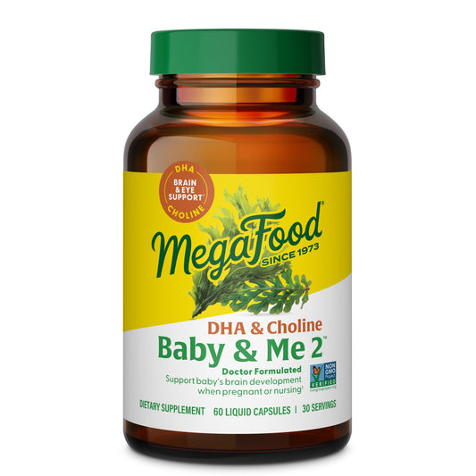 Bottle of MegaFood Baby & Me 2 Prenatal Vitamins with DHA and Choline on label