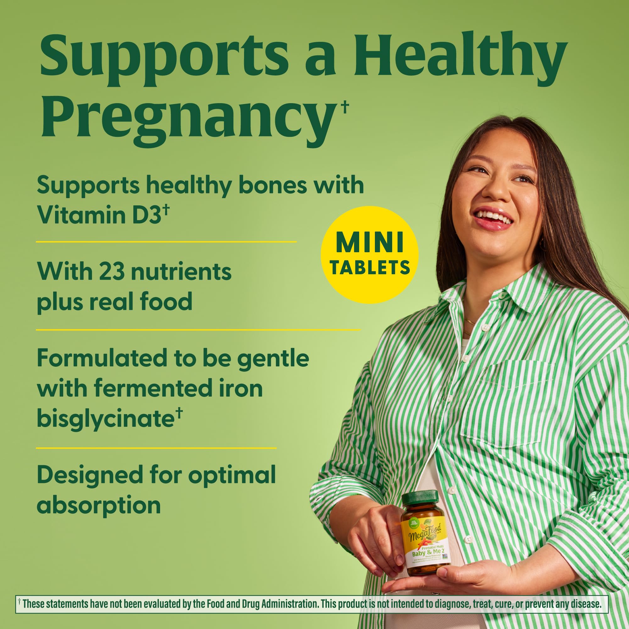 Nutritional label and serving information for MegaFood Baby & Me 2 Prenatal Mini