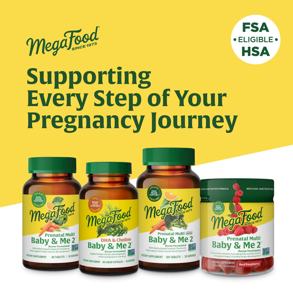 Box and bottle of MegaFood Baby & Me 2 Prenatal Mini Vitamins