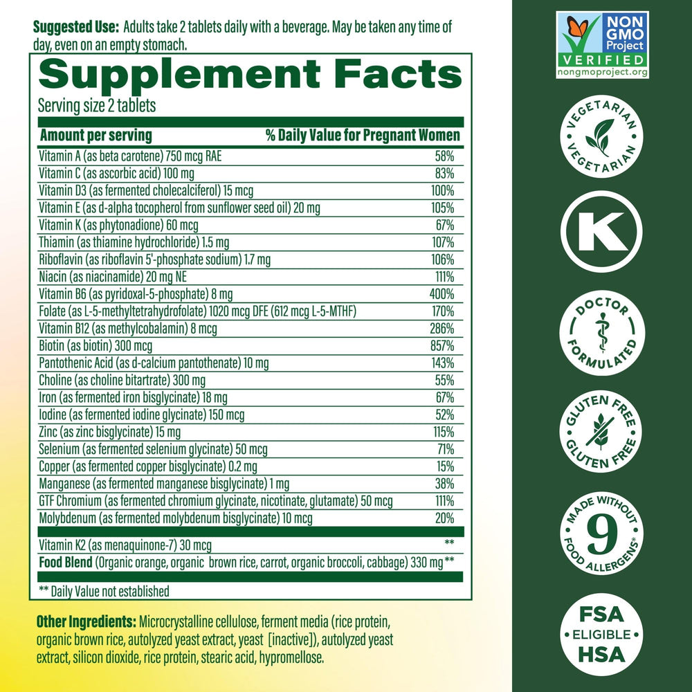 MegaFood Baby & Me 2 packaging highlights real-food ingredients and key prenatal nutrients.