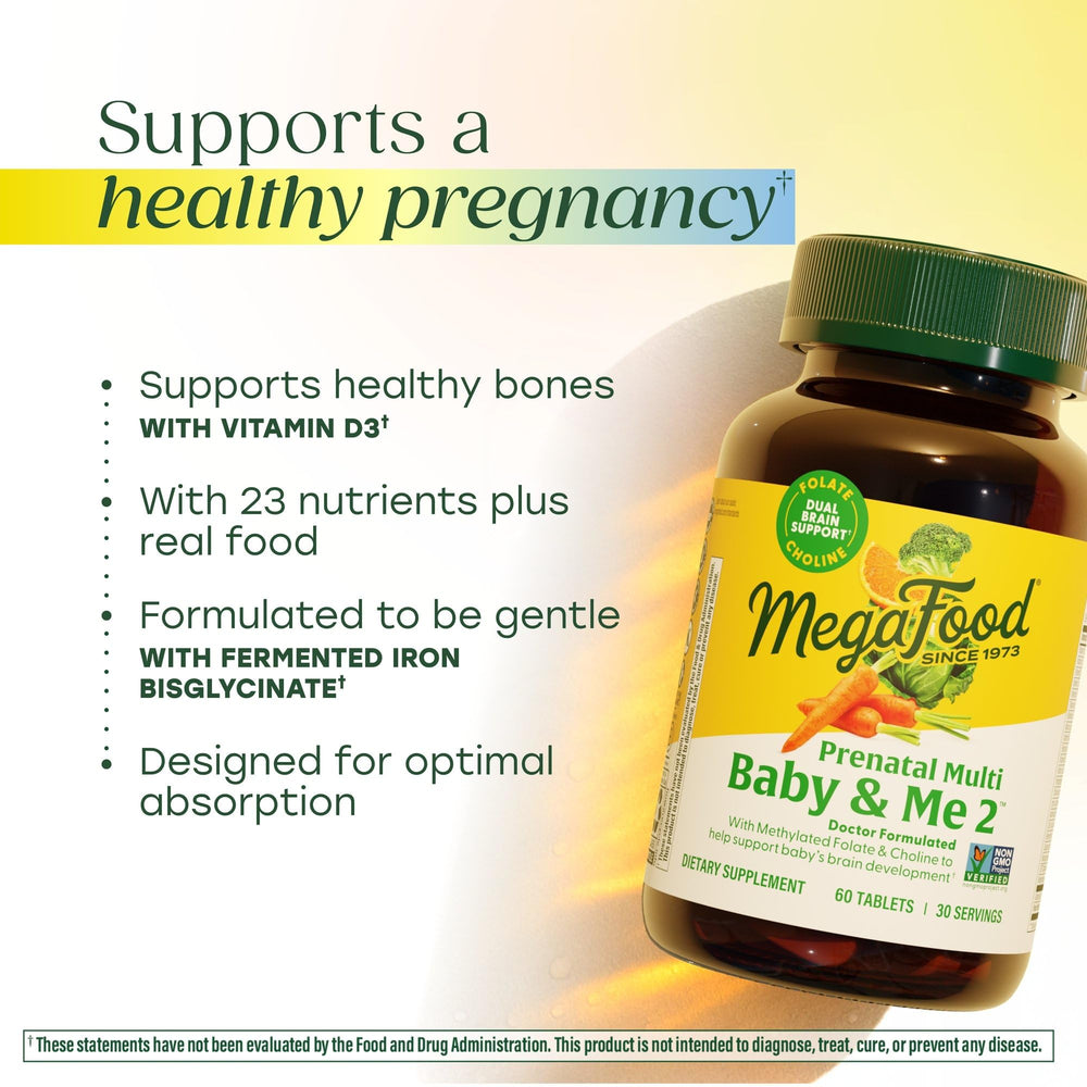 MegaFood Baby & Me 2 real-food per serving emphasizes orange, carrot and cabbage benefits.