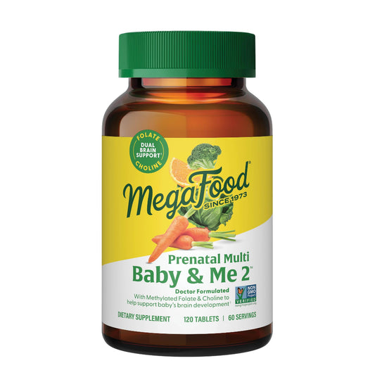 MegaFood Baby & Me 2 Prenatal Vitamin bottle on white background