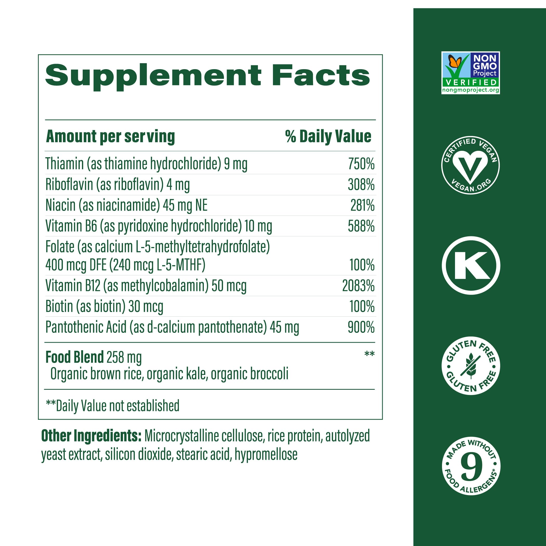 Label highlights eight B vitamins including B6 and B12