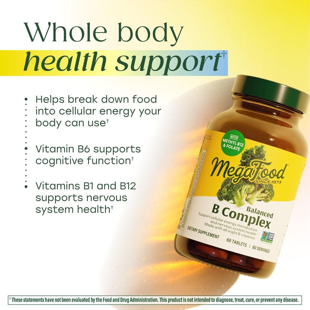 Label close-up of MegaFood Balanced B Complex with real-food ingredients