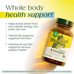 Label close-up of MegaFood Balanced B Complex with real-food ingredients